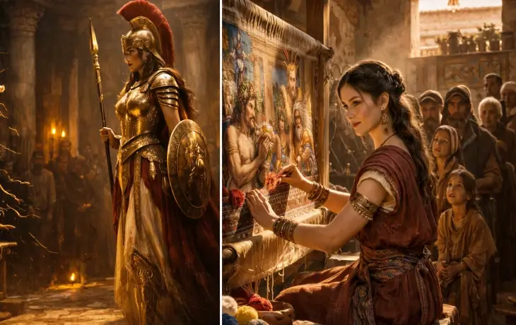 Athena ile Arakne dokuma yarışması sahnesi, Athena’nın zırhlı duruşu ve Arakne’nin tezgahta dokuma yaptığı an